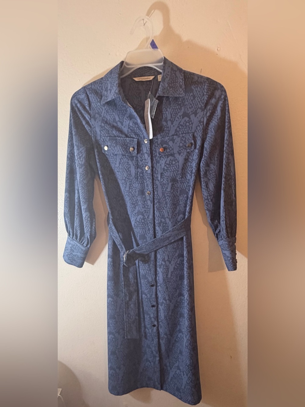 Soft Surroundings Navy Printed Long-Sleeve Shirt Dress with Tie Belt
